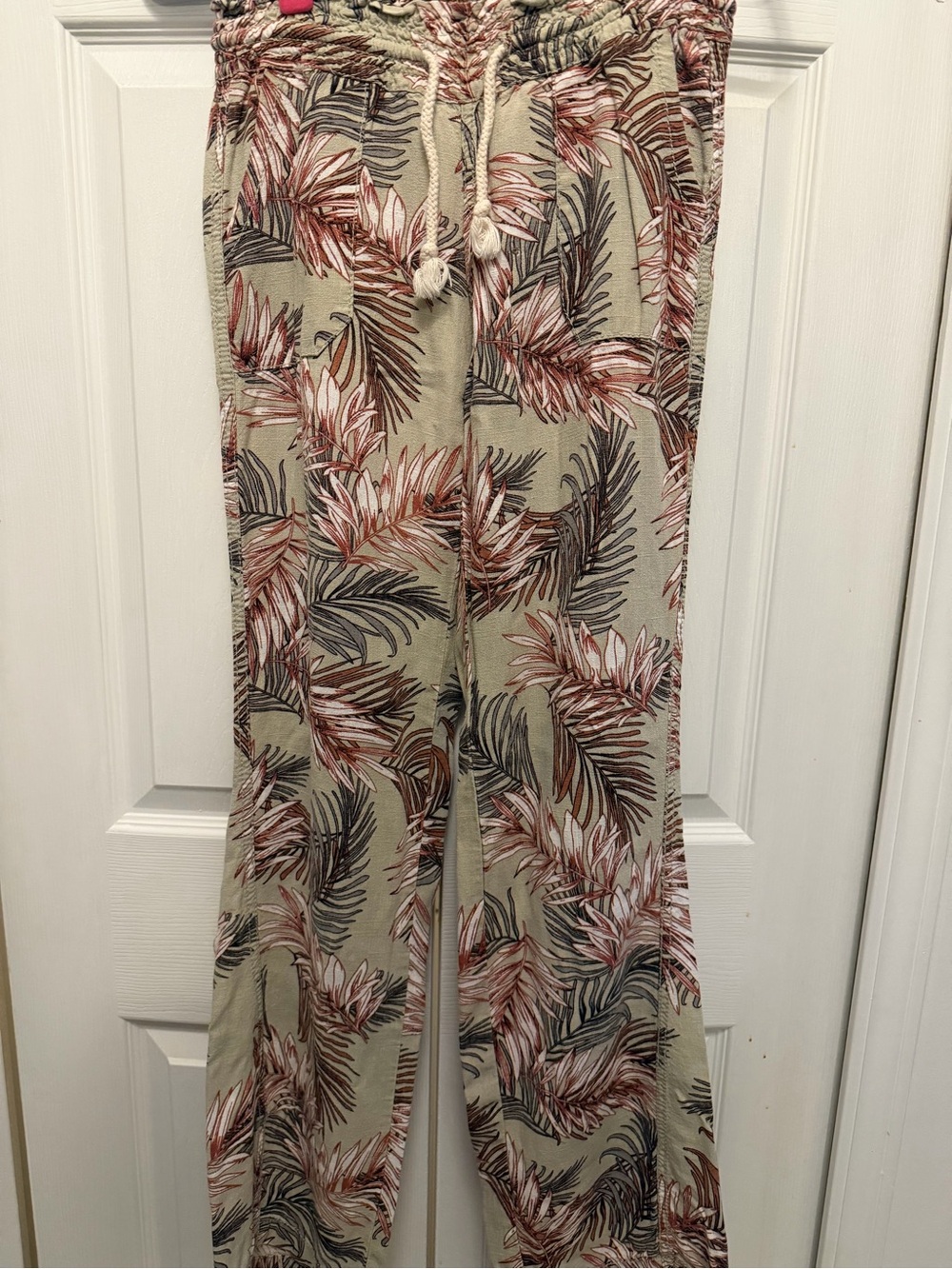 Women's Tropical Print Drawstring Linen Blend Pants - Beige and Rust Size Small